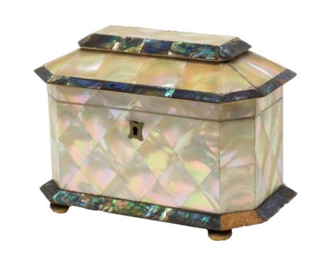 A George III mother of pearl veneered tea caddy with twin compartment interior, 19cm wide.  Illustrated
