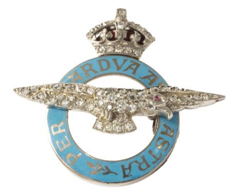 A diamond set and enamel Royal Air Force sweetheart's brooch, designed as a diamond set eagle within a pale blue enameled cir
