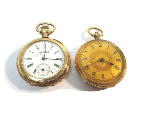 A lady's gold cased, key wind, openfaced fob watch, with a gilt jeweled cylinder movement, gilt metal inner case, the decorat