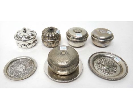 Foreign and plated wares, comprising; a circular bowl and cover, with engine turned decoration, detailed 800, two circular bo