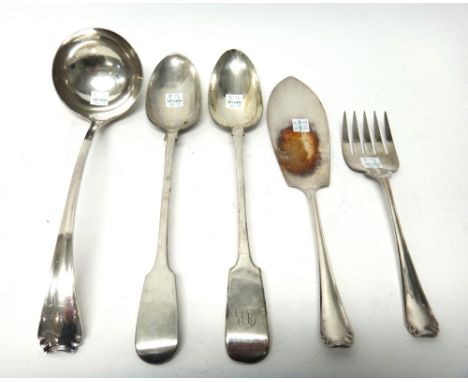 A Victorian silver fiddle pattern basting spoon, London 1846, weight 142 gms and plated wares, comprising; a soup ladle, a pa