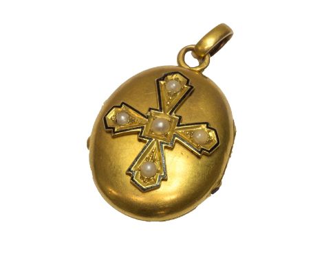 A French gold, black enameled and half pearl set oval pendant locket, the front with a half pearl set cruciform motif, having