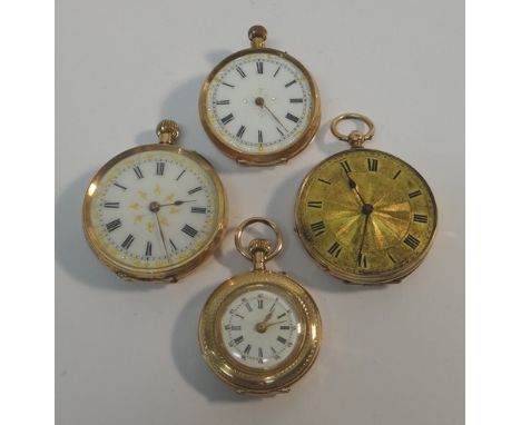 A lady's gold cased, keyless wind, openfaced fob watch, with a gilt cylinder movement, base metal inner case, the decorated e