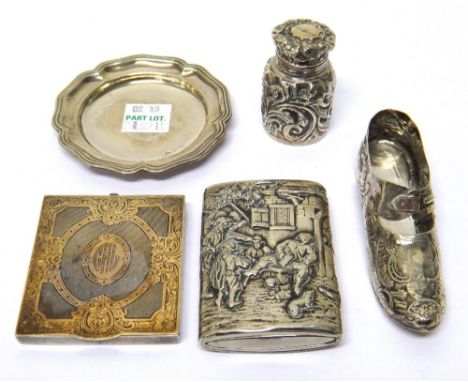 A silver hinge lidded scent bottle, with embossed decoration and Foreign wares, comprising; a rectangular parcel gilt book ma