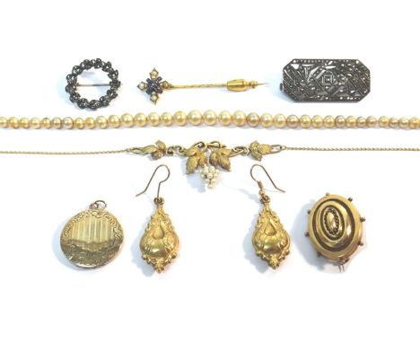 A gilt and imitation pearl necklace, the front designed as fruiting vine, detailed 935, two marcasite set brooches, a Victori