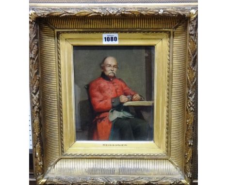 Follower of Jean Louis Ernest Meissonier, A seated gentleman in a red coat, oil on canvas laid on panel, 20cm x 16.5cm.