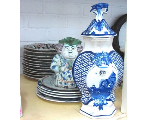 A Masons Ironstone part dessert service, 19th century, decorated in an Imari pattern, a faience Toby jug (a.f.) (17.5cm high)