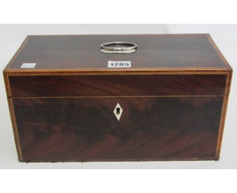 A William IV inlaid mahogany rectangular tea caddy with twin lidded interior and mixing bowl, 30cm wide.