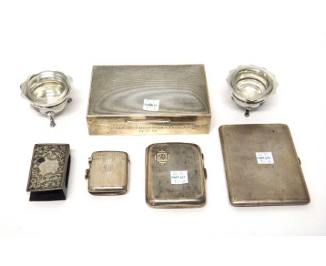Silver and silver mounted wares, comprising; a rectangular vesta case, with banded decoration, Chester 1912, two similar shap
