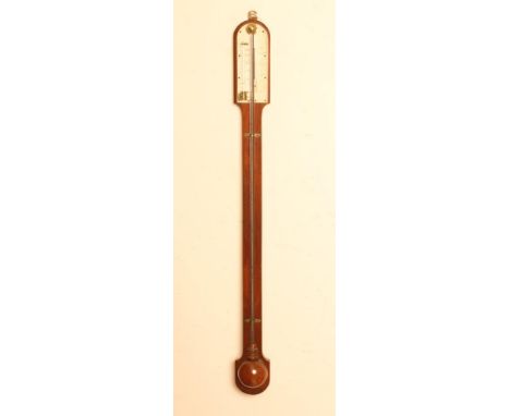 A GEORGIAN STYLE MAHOGANY STICK BAROMETER, late 19th century, with thermometer, with arched ivory register, exposed mercury t