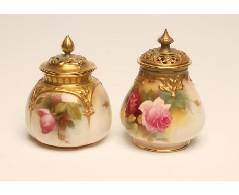TWO ROYAL WORCESTER CHINA POT POURRIS, 1914 and 1918, of lobed globular form with matched cover and lobed squat baluster form