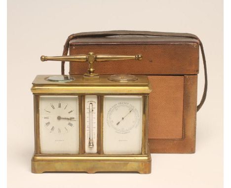 A BRASS CASED WEATHER STATION comprising a clock with platform escapement and white enamel dial with Roman numerals, signed E