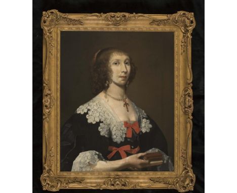 ENGLISH SCHOOL (17th Century), Portrait of a Lady in a Black Dress with Lace Collar and Holding a Book, quarter length, oil o