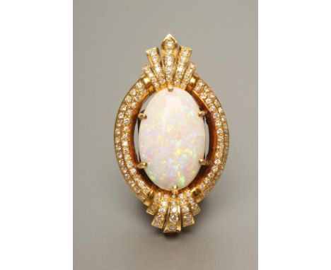 AN OPAL AND DIAMOND PENDANT, the oval cabochon polished opal claw set to an open 18k gold frame pave set with numerous small 