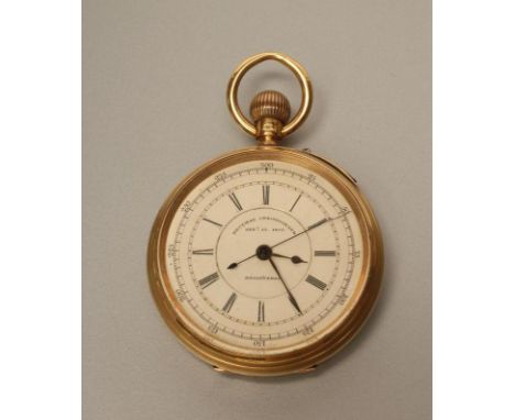 A GENTLEMAN'S VICTORIAN 18CT GOLD TOP WIND 'DECIMAL CHRONOGRAPH', the white enamel multi dial with black Roman and Arabic num