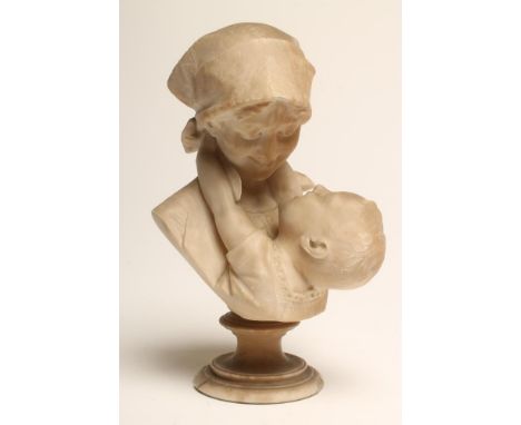 EMILIO FIASCHI (1858-1941), an alabaster bust of a young mother wearing a flower incised head scarf, smiling at her toddler w