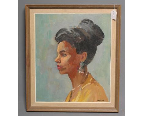 PHILIP NAVIASKY (1894-1983), Portrait of a Woman in a Yellow Dress and wearing Earrings, quarter length, oil on board, signed