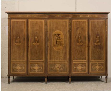 AN ITALIAN MAHOGANY, MARQUETRY AND BONE INLAID WARDROBE, early 20th century, the moulded cornice over frieze with flowers and