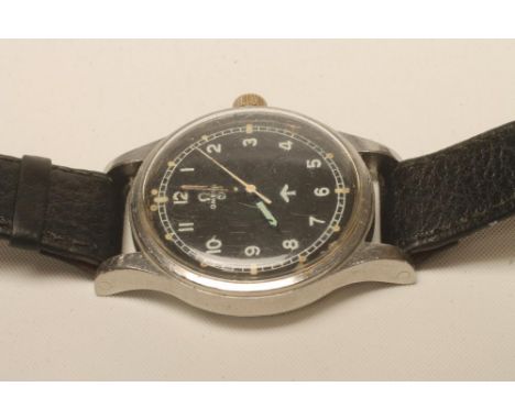 AN OMEGA RAF WRISTWATCH, 1953, the black dial with white Arabic numerals, centre seconds and luminous hands, in a plain chrom