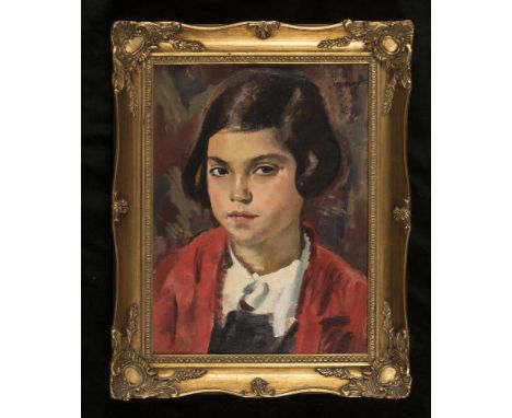 PHILIP NAVIASKY (1894-1983), Portrait of a Young Girl in a Red Coat, quarter length, oil on board, signed, 16" x 12", gilt fr