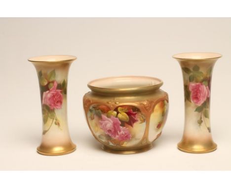 A PAIR OF ROYAL WORCESTER CHINA VASES, 1919, of waisted cylindrical form, painted in polychrome enamels by Ethel M. Fildes wi