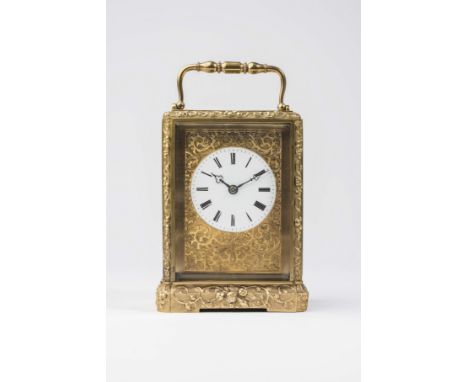 A BRASS CASED CARRIAGE CLOCK, late 19th century, the twin barrel bell striking movement with platform escapement and outside 