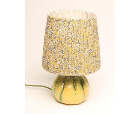 A PORTA ROMANA POTTERY ELECTRIC LAMP BASE, modern, modelled as a yellow and green glazed pumpkin, 5" high, together with a ye