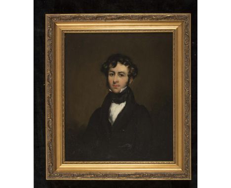 ENGLISH SCHOOL (Early 19th Century), Portrait of a Young Gentleman in Frock Coat and Black Neck Tie, 1/4 length, oil on board