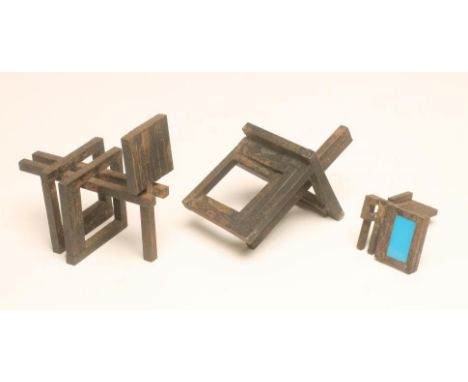 TOM PEMBERTON (1925-2017), Untitled, black painted metal and blue glass in three sections, unsigned, largest 5 1/4" x 6"  Not