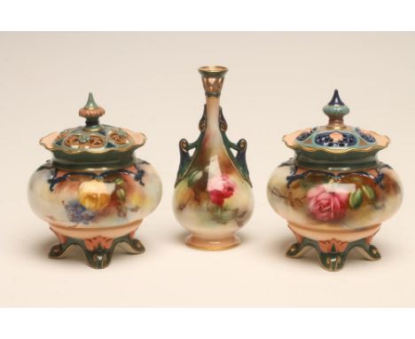 A HARLEQUIN PAIR OF ROYAL WORCESTER CHINA POT POURRIS AND COVERS, 1905, of lobed squat globular form with everted frilled rim