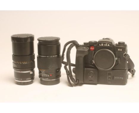 A LEICA R4 CAMERA, with Leitz motor drive R, Leitz Canada lens, Leitz extender-R 2X, Leitz Serie 7 UVa filter, Leitz APO-Macr