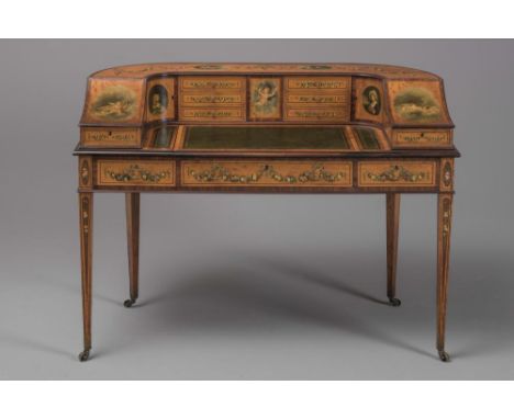 AN EDWARDIAN SATINWOOD CARLTON HOUSE DESK with stringing and rosewood banding, painted with ribbon tied floral swags hanging 