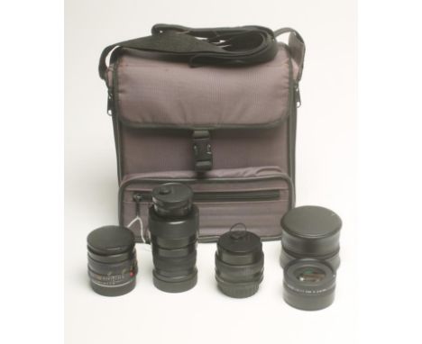 A RODENSTOCK IMAGON LENS, H=4,5 F=120mm, a Leitz Summicron-R 1:20/50 lens with filter, a Carl Zeiss Distagon 2,8/28, a Leitz 