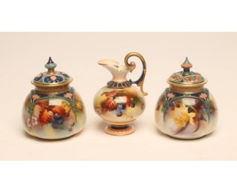 A MATCHED HARLEQUIN PAIR OF ROYAL WORCESTER CHINA POT POURRIS AND COVERS, c.1906, of lobed globular form painted in polychrom