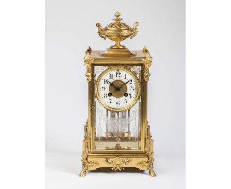 A FRENCH FOUR GLASS MANTEL CLOCK, c.1900, the twin barrel movement with Brocot escapement and mercury pendulum striking on a 