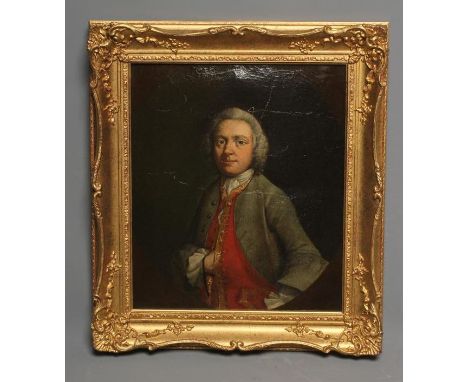 CIRCLE OF CHARLES THEVENIN (French 1764-1838), Portrait of a Gentleman in a Grey Coat and Red Waistcoat, half length, oil on 