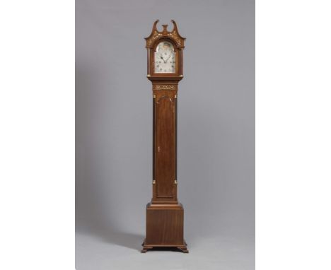 A MAHOGANY CASED "GRANDMOTHER" CLOCK by Hampton & Son, Pall Mall, London, the twin barrel movement with anchor escapement and