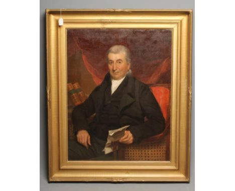 ENGLISH SCHOOL (19th Century), Portrait of a Seated Gentleman holding a Letter, half length, oil on canvas, 36" x 28", gilt h