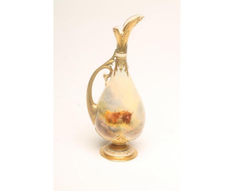 A ROYAL WORCESTER CHINA EWER, c.1926, of rounded conical form with high lip and "C" scroll handle, painted in polychrome enam