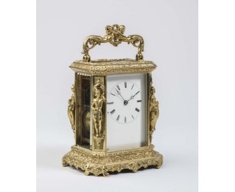A FRENCH BRASS CASED CARRIAGE CLOCK by Japy Freres, the twin barrel bell striking movement with platform escapement, white en