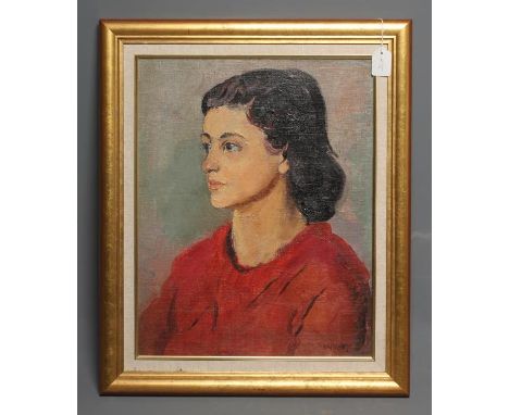 PHILIP NAVIASKY (1894-1983), Portrait of a Young Woman in a Red Dress, quarter length, oil on board, signed, 20" x 15", gilt 