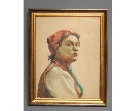 EDITH BURNETT-HUGHES (Scottish 1888-1971), Portrait of a Young Woman wearing a Red Scarf, half length, watercolour and pencil