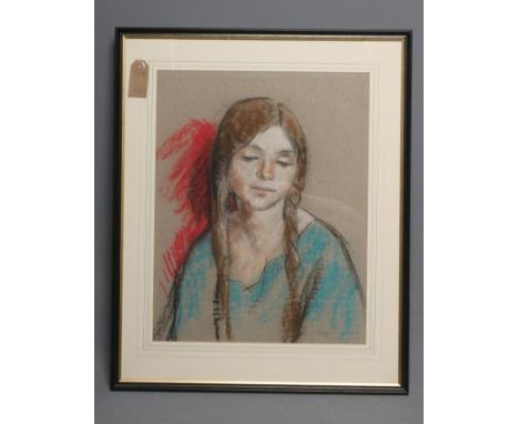 PHILIP NAVIASKY (1894-1983), Portrait of a Young Girl in a Blue Dress, her hair in plaits, quarter length, pastel on board, s