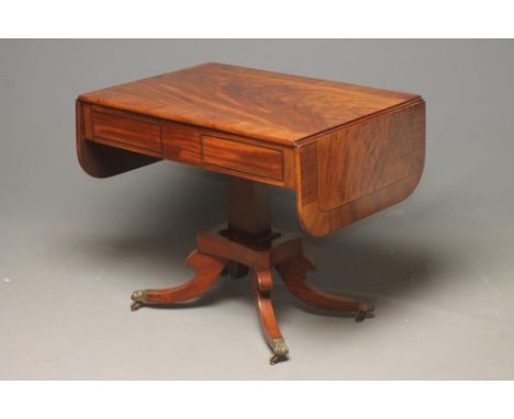 A WILLIAM IV MAHOGANY SOFA TABLE, c.1830, of rounded oblong form, the flame mahogany and banded top with ebony stringing, the