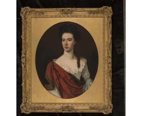 ENGLISH SCHOOL (Early 18th Century), Portrait of a Lady in a White Dress with Red Sash, half length, oval, oil on canvas, uns