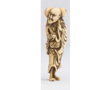 A JAPANESE IVORY NETSUKE, 18th century, carved as Sennin Chokwaro, standing and holding a gourd with a long stalk, unsigned, 