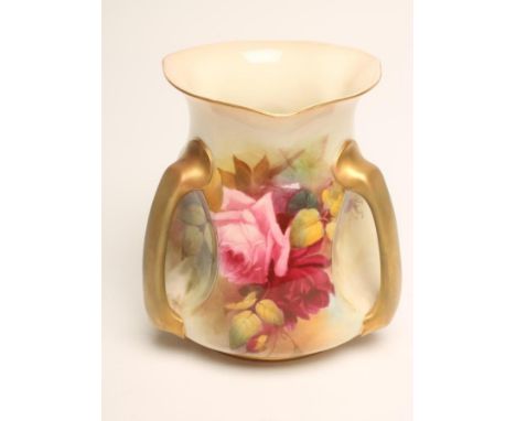 A ROYAL WORCESTER CHINA CACHE-POT, 1912, of baluster form with three indents with handles, painted in polychrome enamels by J