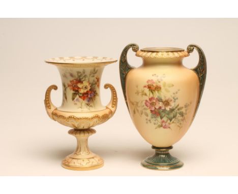 A ROYAL WORCESTER CHINA BLUSH IVORY CAMPANA URN, painted with hedgerow flowers, green mark, shape 1926, 7 1/2" high, together