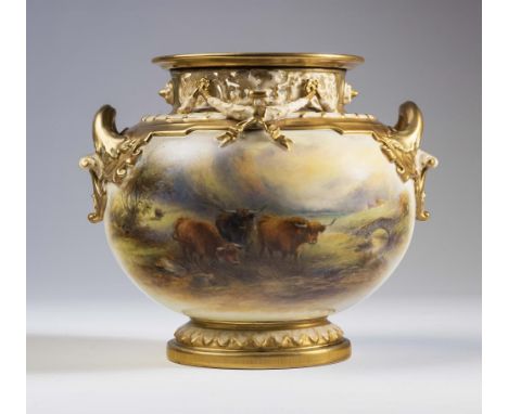 A ROYAL WORCESTER CHINA POT POURRI, 1928, of squat globular form, the pierced neck hung with ribbon tied swags and with two l