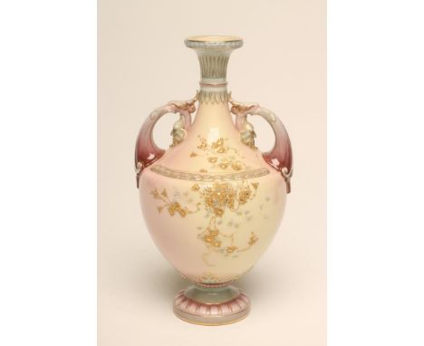 A VICTORIAN ROYAL WORCESTER CHINA "PRISMATIC ENAMELLED" VASE of baluster form with fluted neck, two acanthus leaf sheathed lo